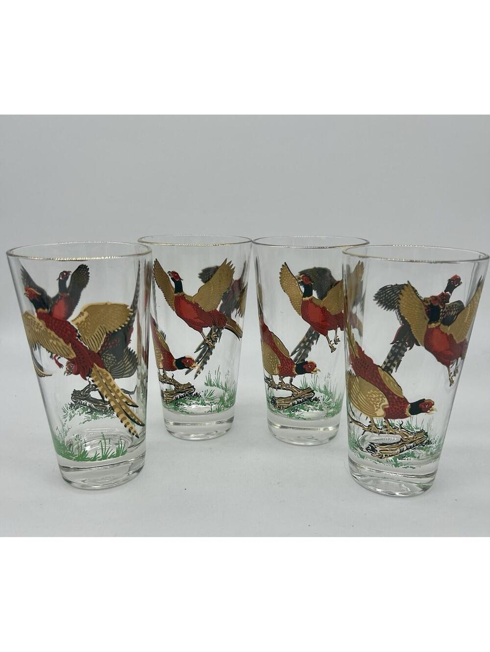Set of 4 Vintage 22K Gold Hazel Atlas Pheasant Cocktail Highball Glasses Tumbler